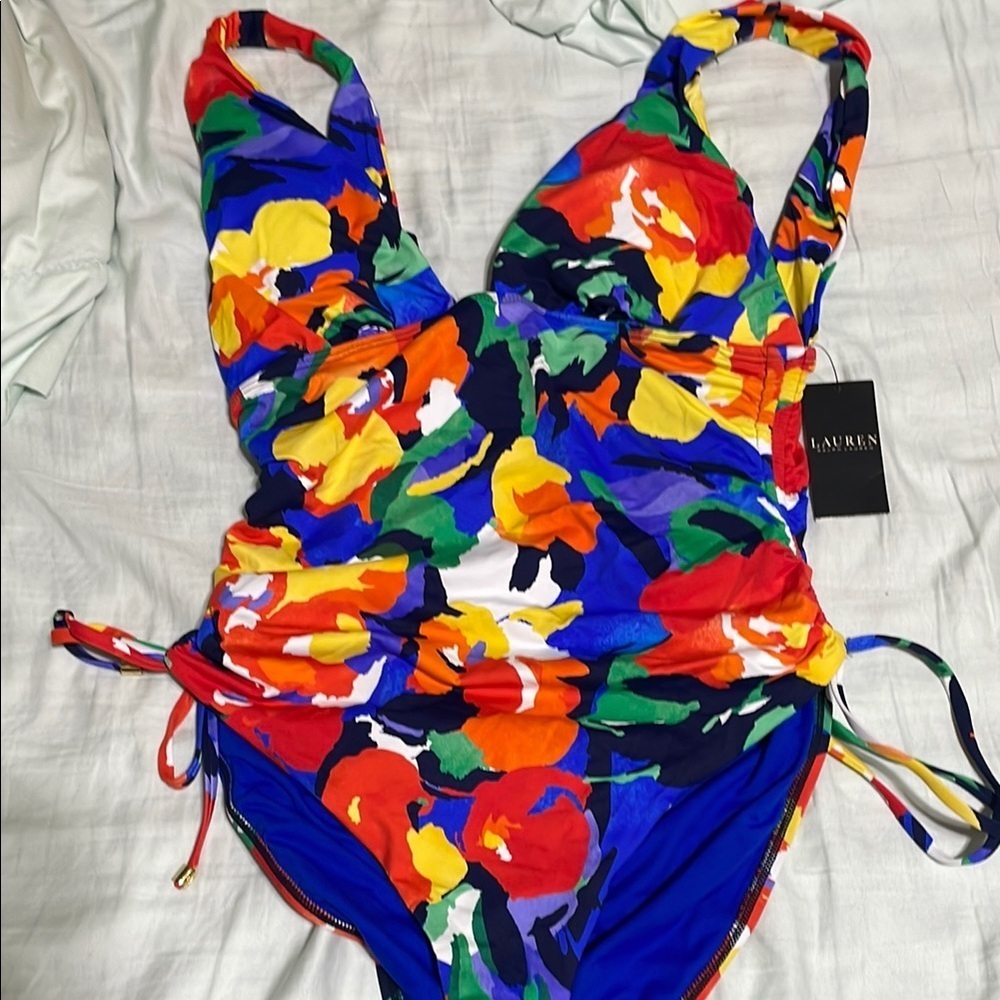 Ralph Lauren Red and Blue One Piece Swimsuit with Plunging Neckline NWT Sz 14 - Picture 2 of 6